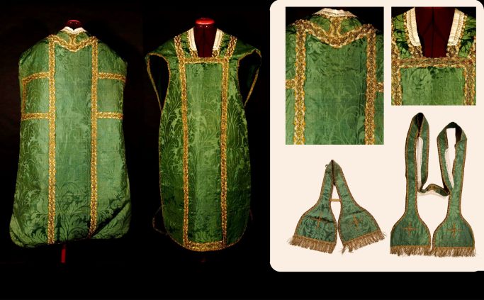 XVIIe siècle Chasuble, manipule et étole verte avec galon or