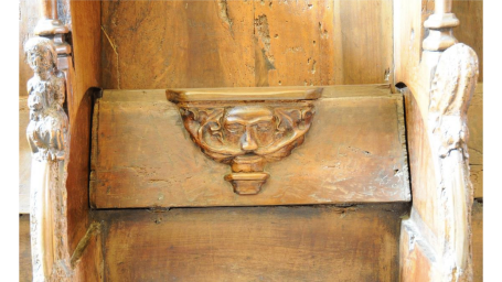 Visage de moine entre deux feuilles sortant des narines