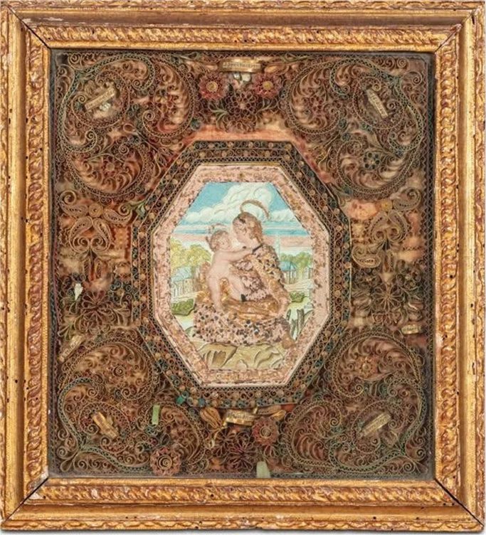 Vierge à l’enfant : Pâte à relique moulé en poussière reliques des catacombes -18e