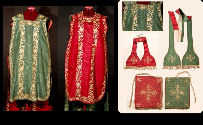 XVIIIe siècle Chasuble, manipule, étole et pale réversible vert et rouge avec décor de fil or et argent