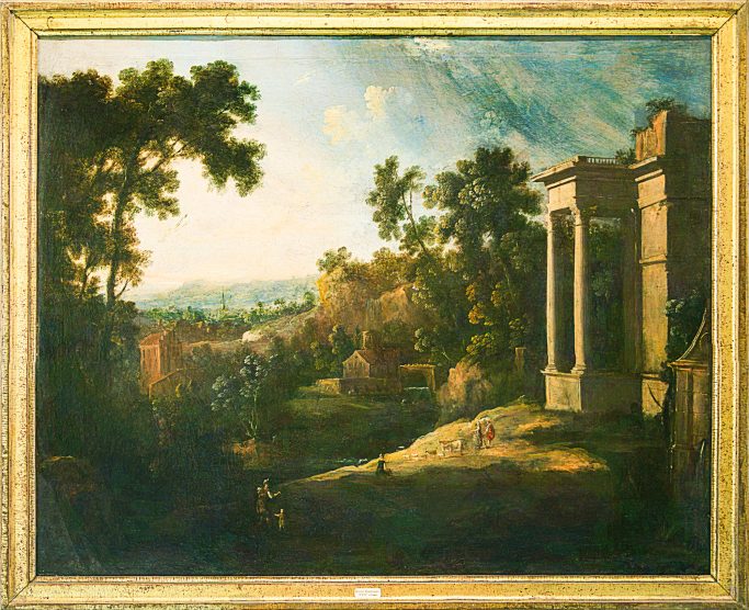 Paysage, ruines d’un temple avec personnages, devant des bâtisses et au loin un village– Ecole française du 17e - Collection Pisani