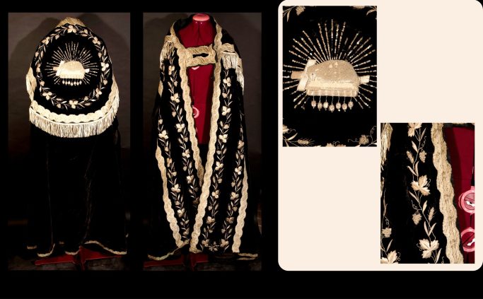 XIXe siècle Chape noire galons et motifs argent, Décor agneau immolé, vigne et raisin