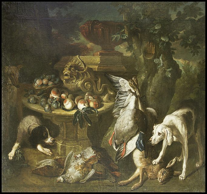 Nature morte : vasque de fontaine, fruits, animaux - Alexandre François Desportes 1661-1743 - Collection Pisani