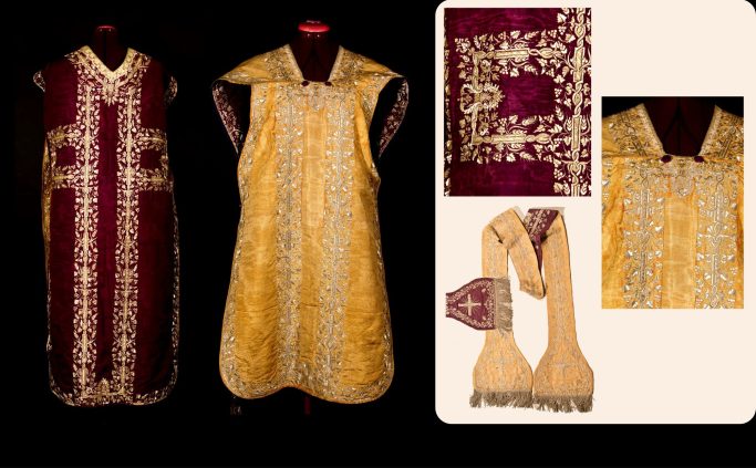 XIXe siècle Chasuble et étole réversible violet et or et décor de fils d’argent
