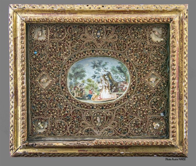 Sainte Marie Madeleine : Médaillon aquarelle découpé en relief de la Sainte – 18e